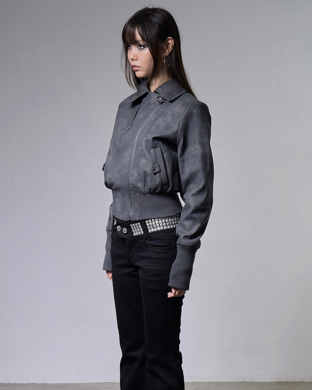 【FANCY CLUB】HIGH-NECK RIBBED LEATHER JACKET