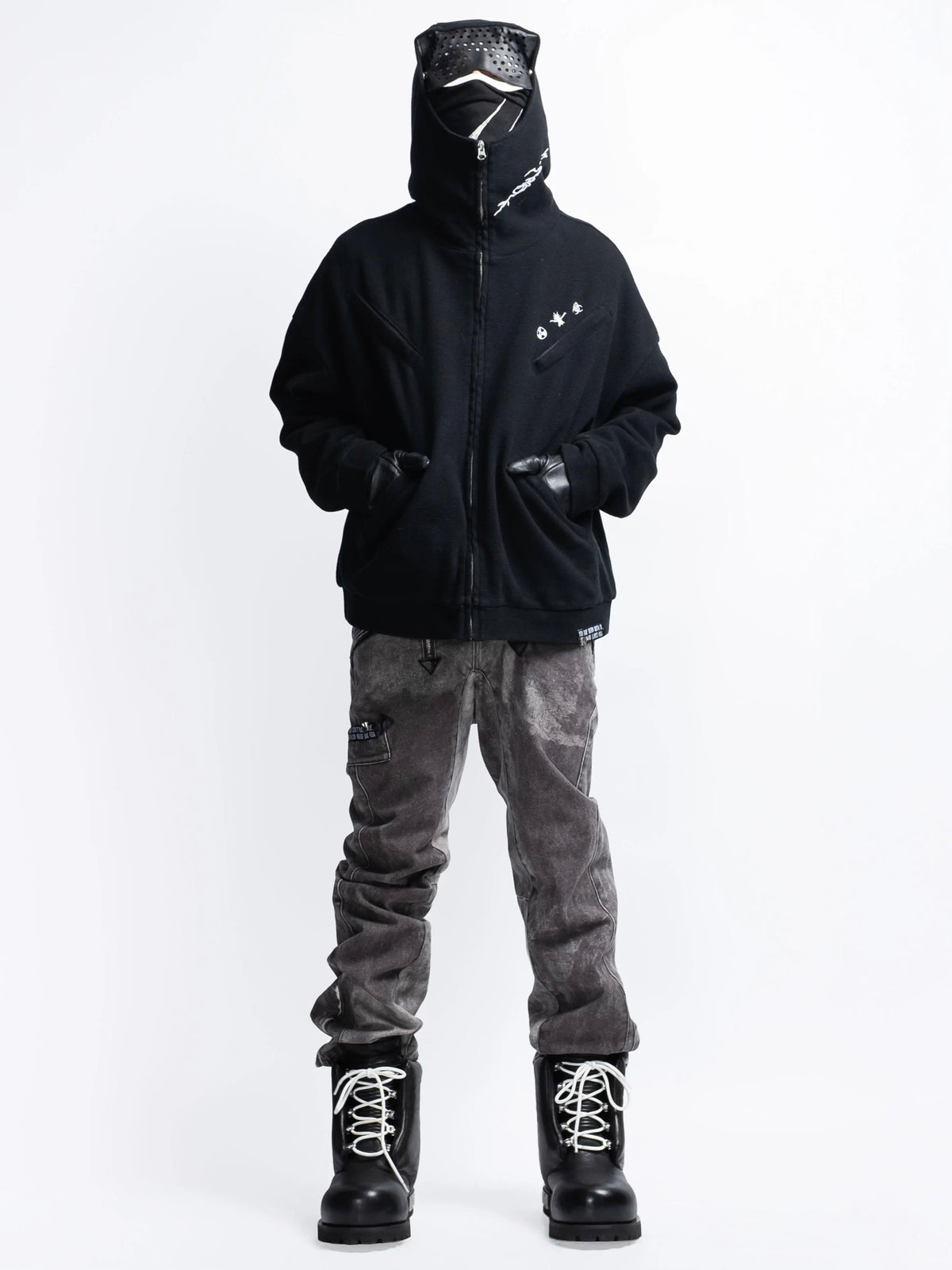【F.V.V.O】Waffle Embroidered Mask Oversized Zip Hoodie