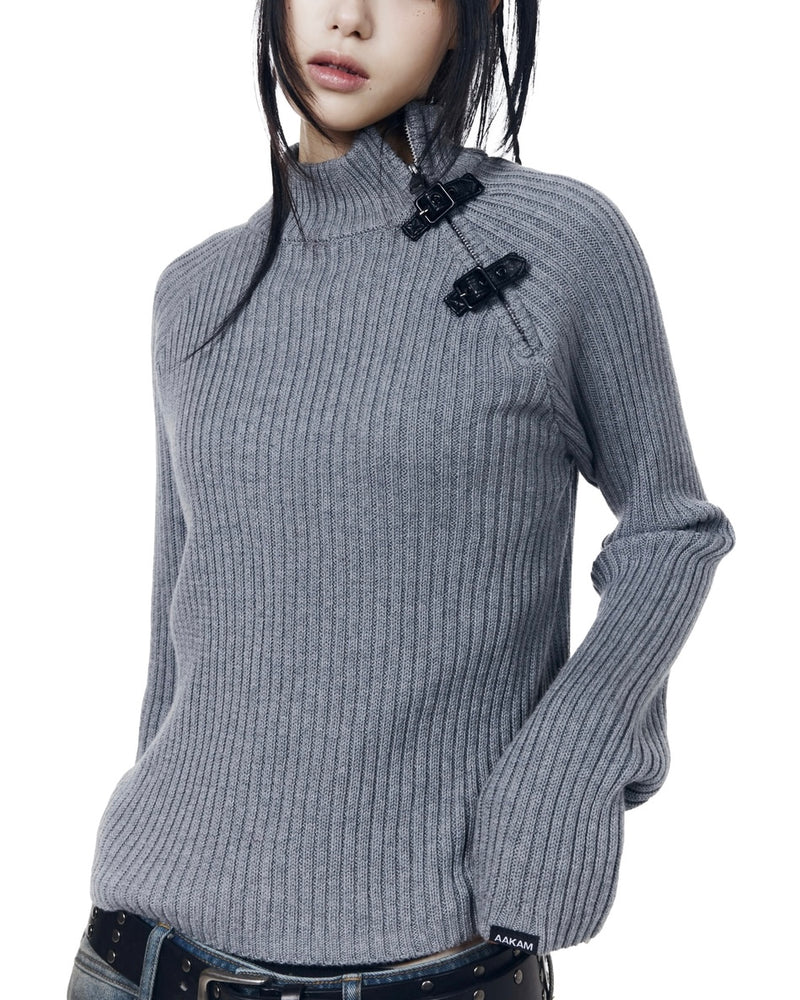 【AAKAM】Slant Zipper Belted Knit