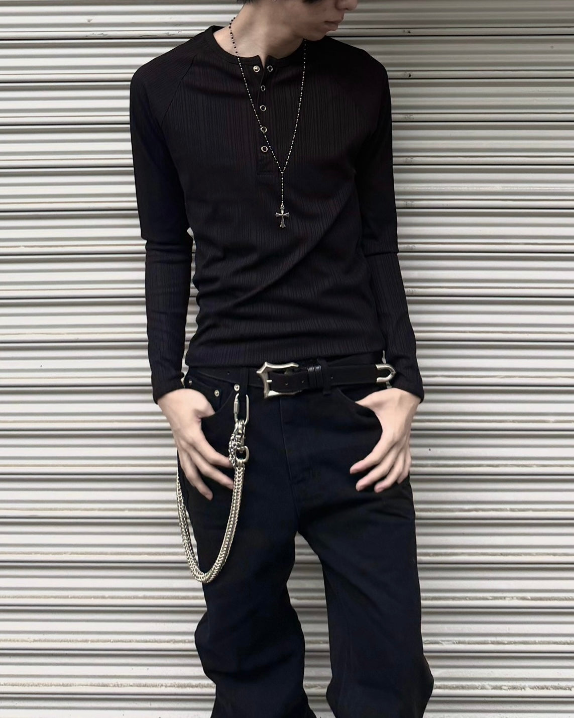 受注制【nmtc+】Snap henley neck ribbed slim top (4color)