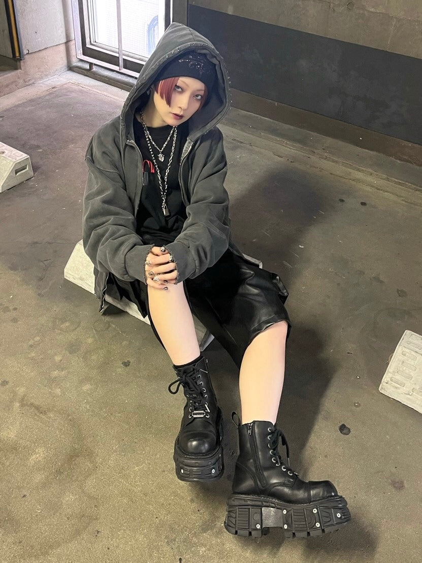 受注制【Never mind the XU】damage zip hoodie (3color)