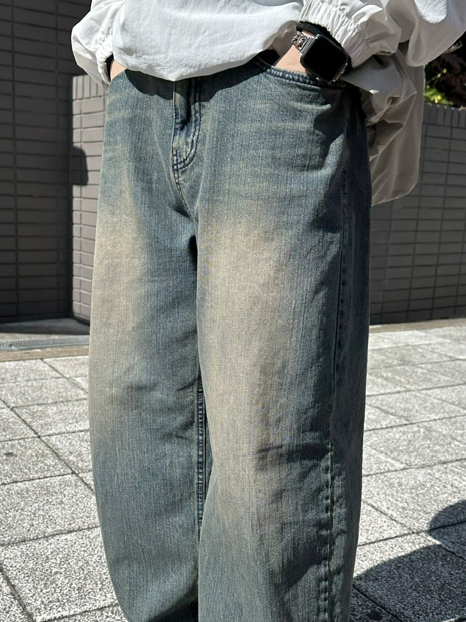 受注制【Chikashitsu +】vintage wash semi wide denim pants