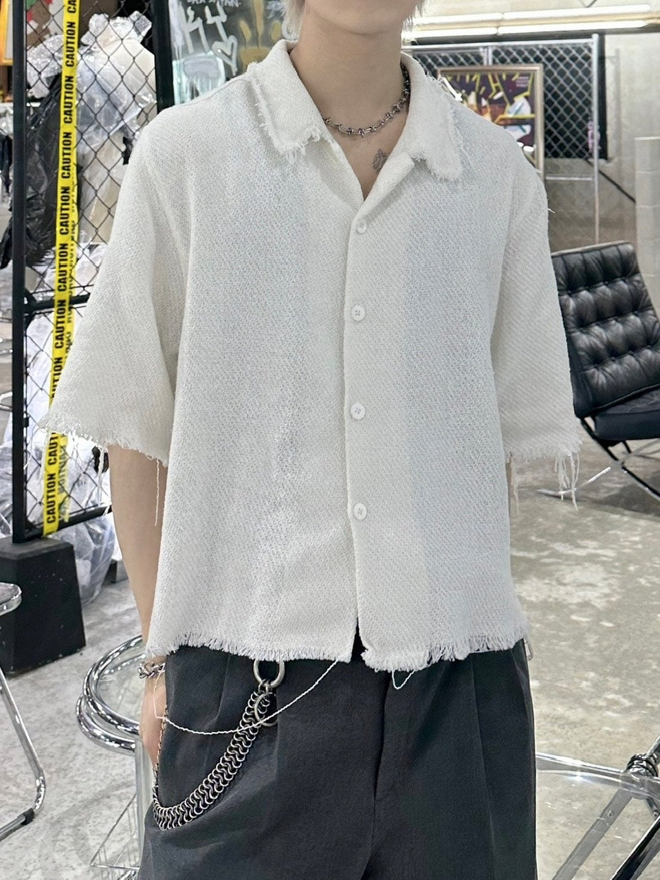 大阪店WEB限定受注制【Chikashitsu +】tweed cropped shirt (2color)