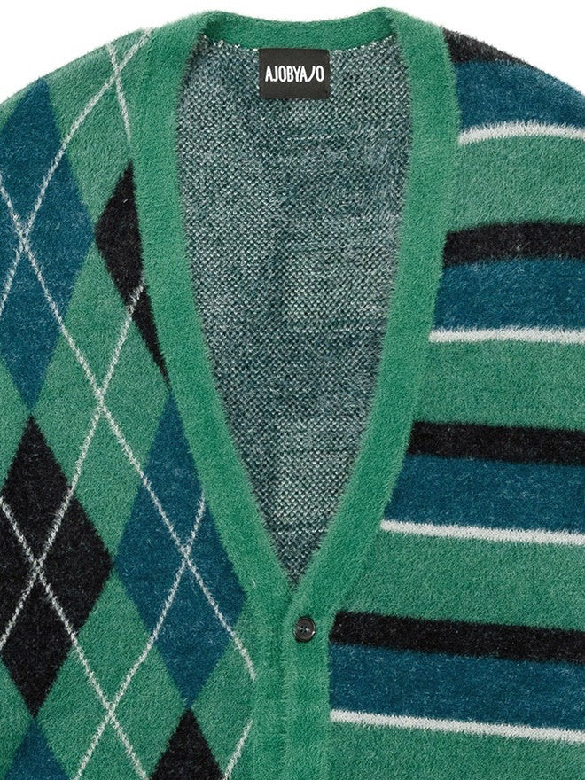 【AJOBYAJO】Argyle Stripe Mixed Cardigan / 【アジョバイアジョ】アーガイルストライプボーダーミックス長袖カーディガン