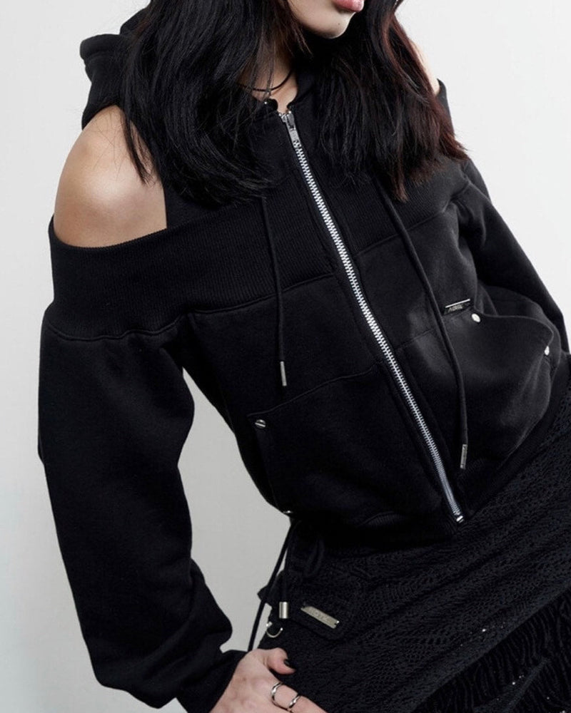 【NOT KNOWING】Open Shoulder Zip Up Hoodie / 【ノットノーイング】オープンショルダージップアップパーカー