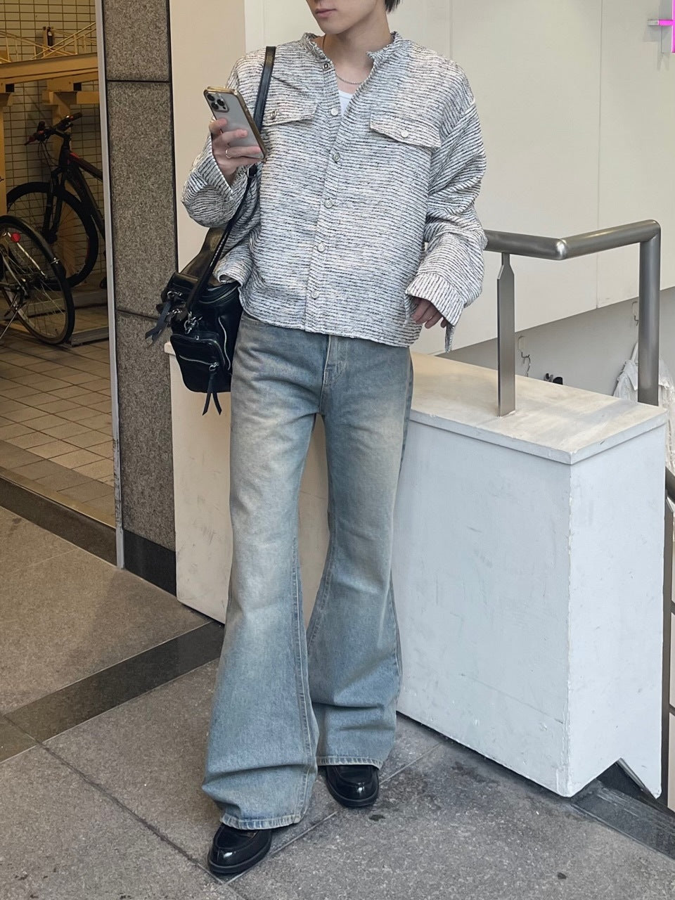 受注制【Chikashitsu +】no collar light tweed shirt (2color)