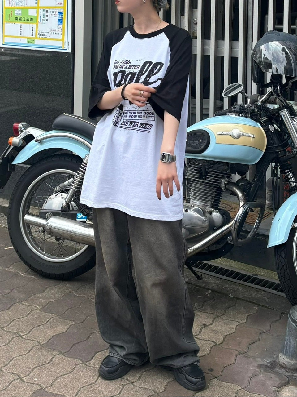 大阪店WEB限定受注制【Chikashitsu +】oversized lettering raglan t-shirt