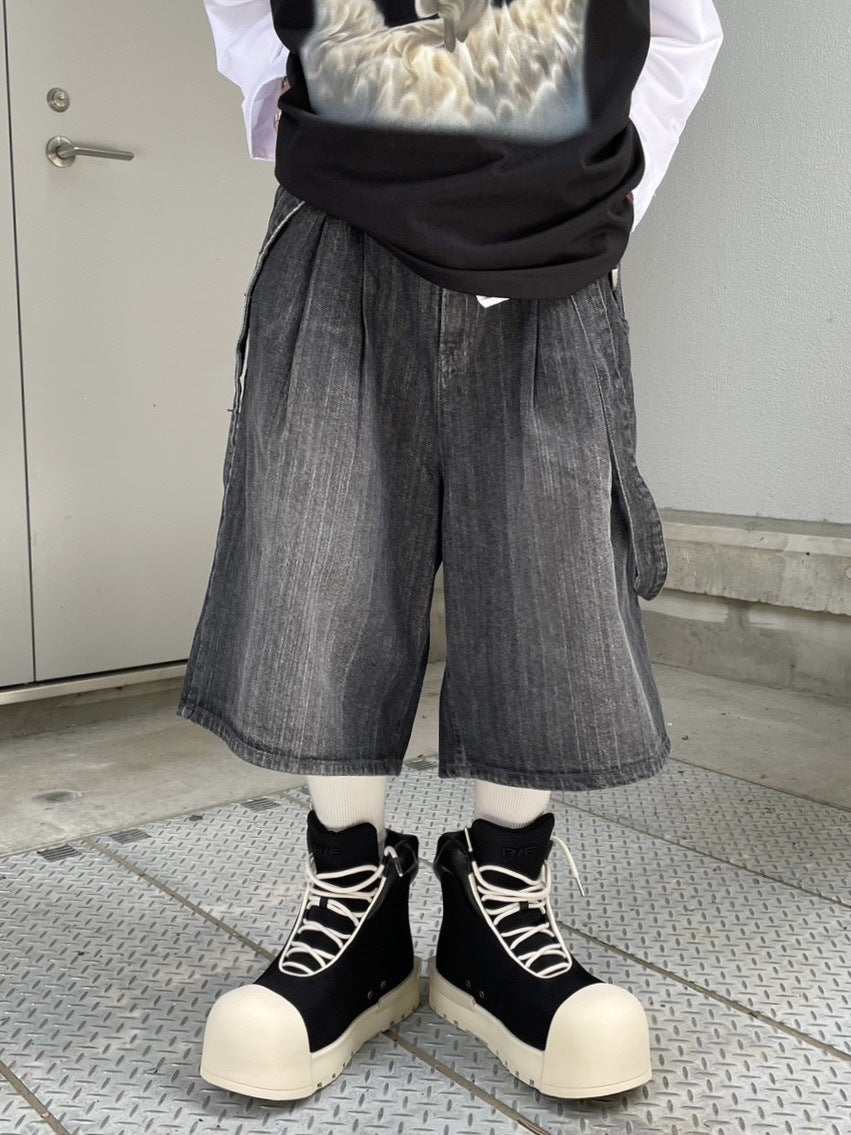 受注制【Never mind the XU】strap denim half pants (2color)