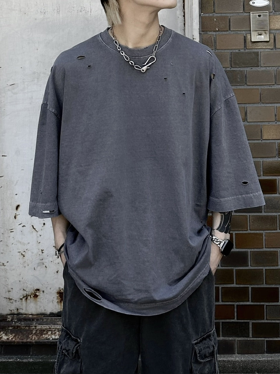 【Chikashitsu +】pigment damage overfit t-shirt (2color)