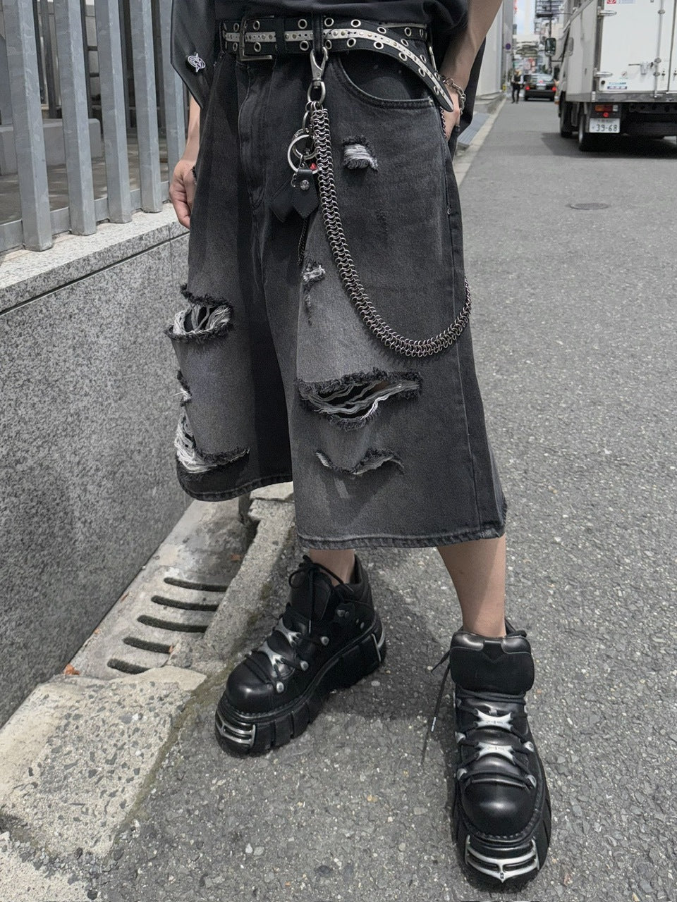 受注制【Never mind the XU】damage denim shorts 2 (2color)