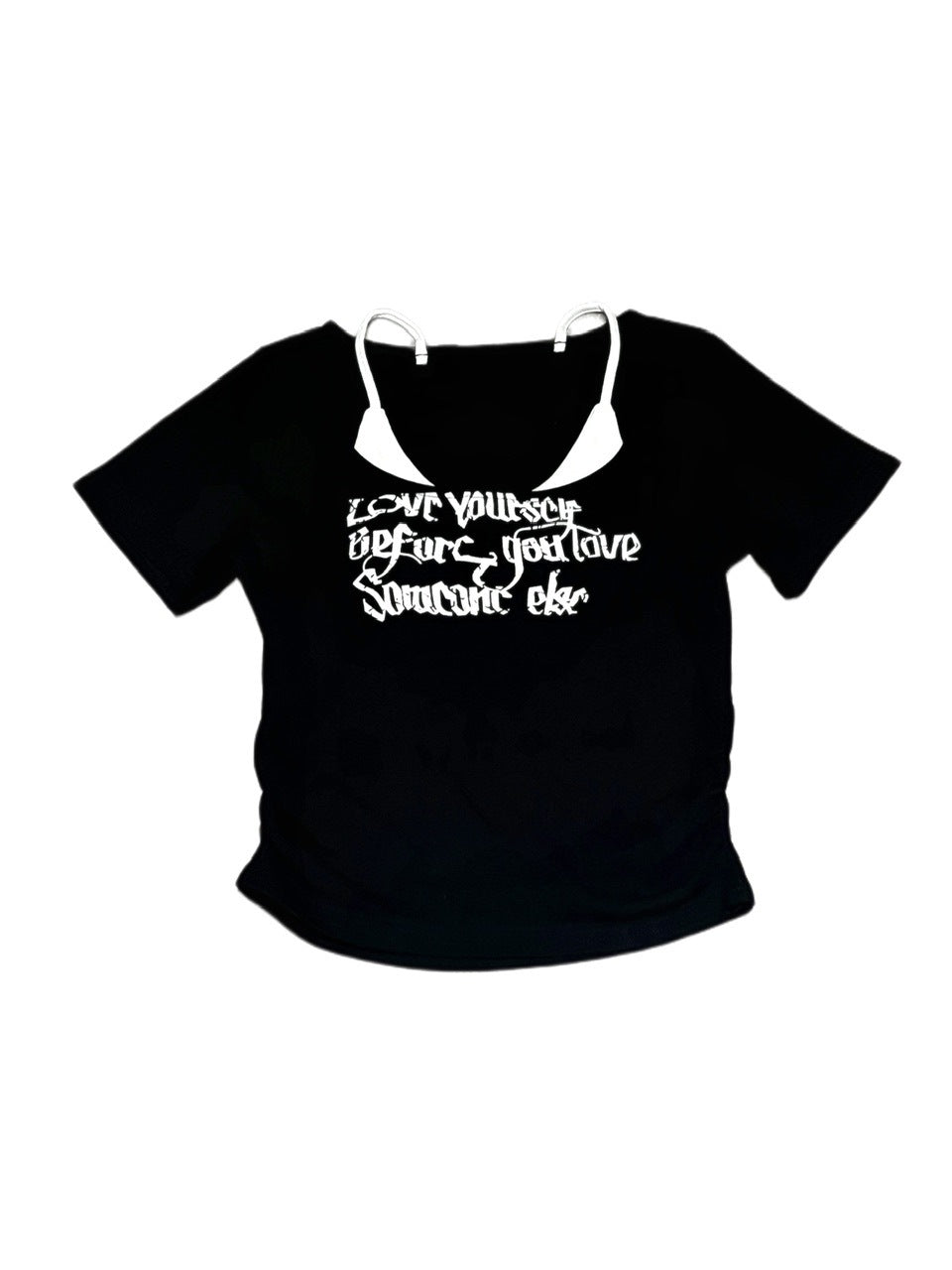 受注制【Never mind the XU】lettrering layered cropped tee (3color) / 【ネバーマインドザエックスユー】レタリングレイヤードクロップドロゴプリント半袖Tシャツ