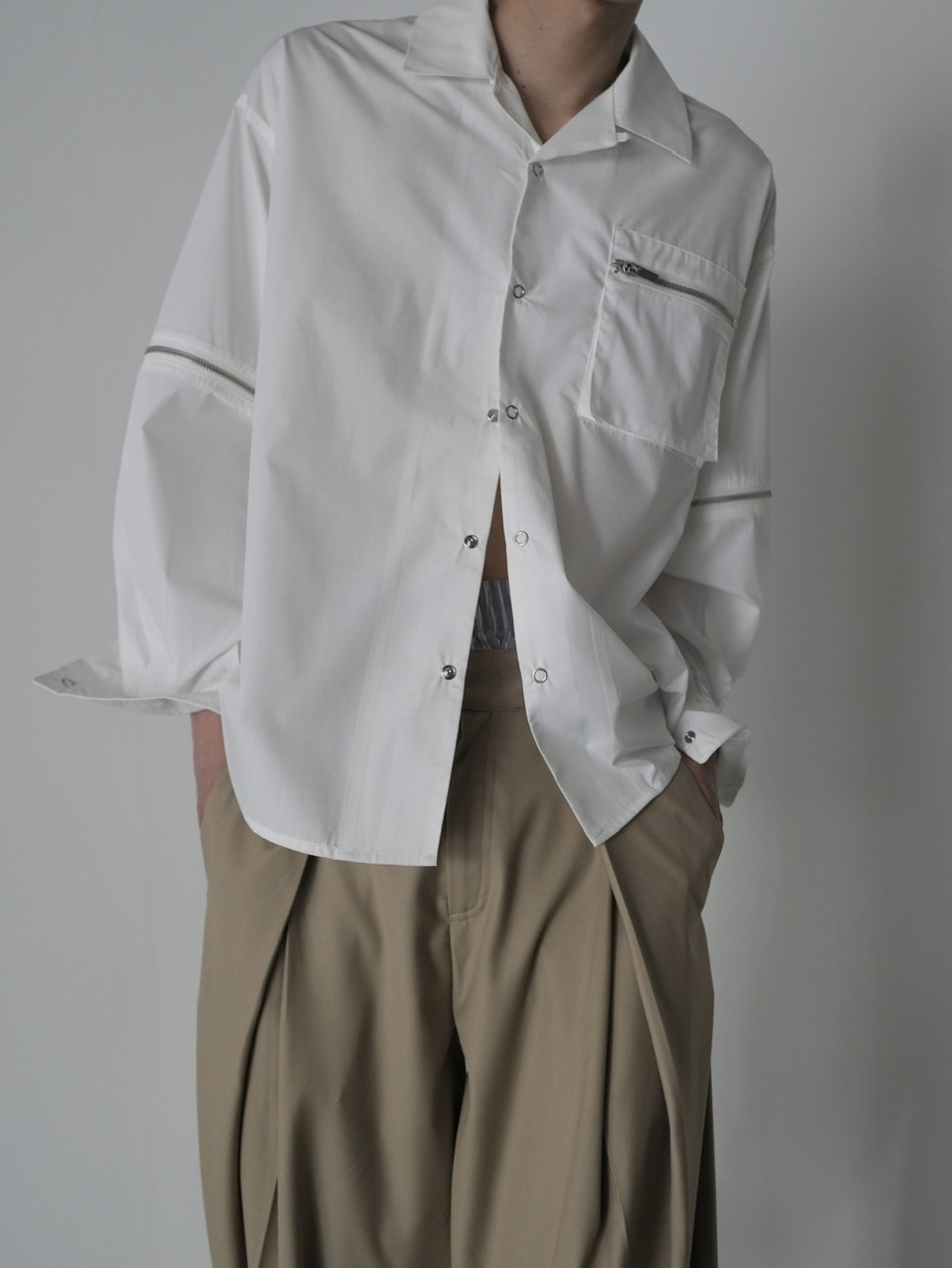 【CS】2way zip square cut shirt (white) / 【シーエス】2ウェイジップスクエアカット長袖シャツ