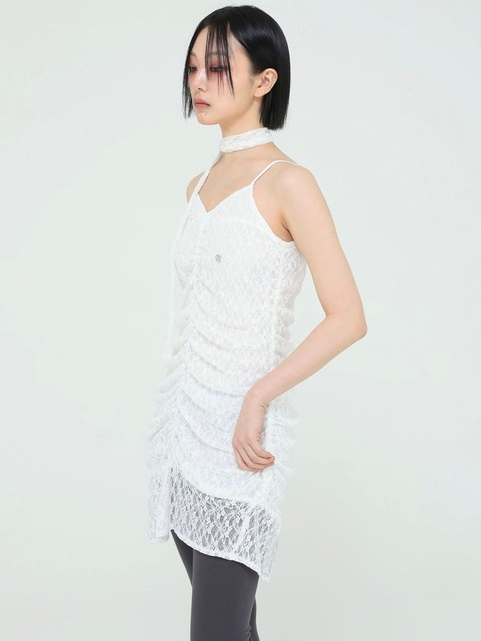 【Uglyshadow】TIE SHIRRING LACE DRESS