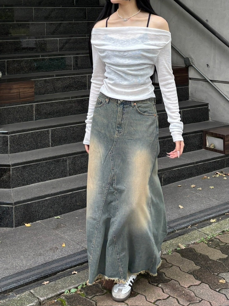 受注制【oaks】vintage wash denim maxi skirt (2color)