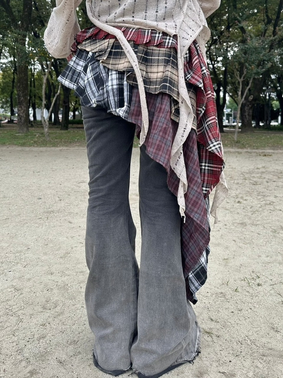 受注制【Never mind the XU】asymmetry check skirt / 【エックスユー ドッグ】アシンメトリーレイヤードチェックミニスカート