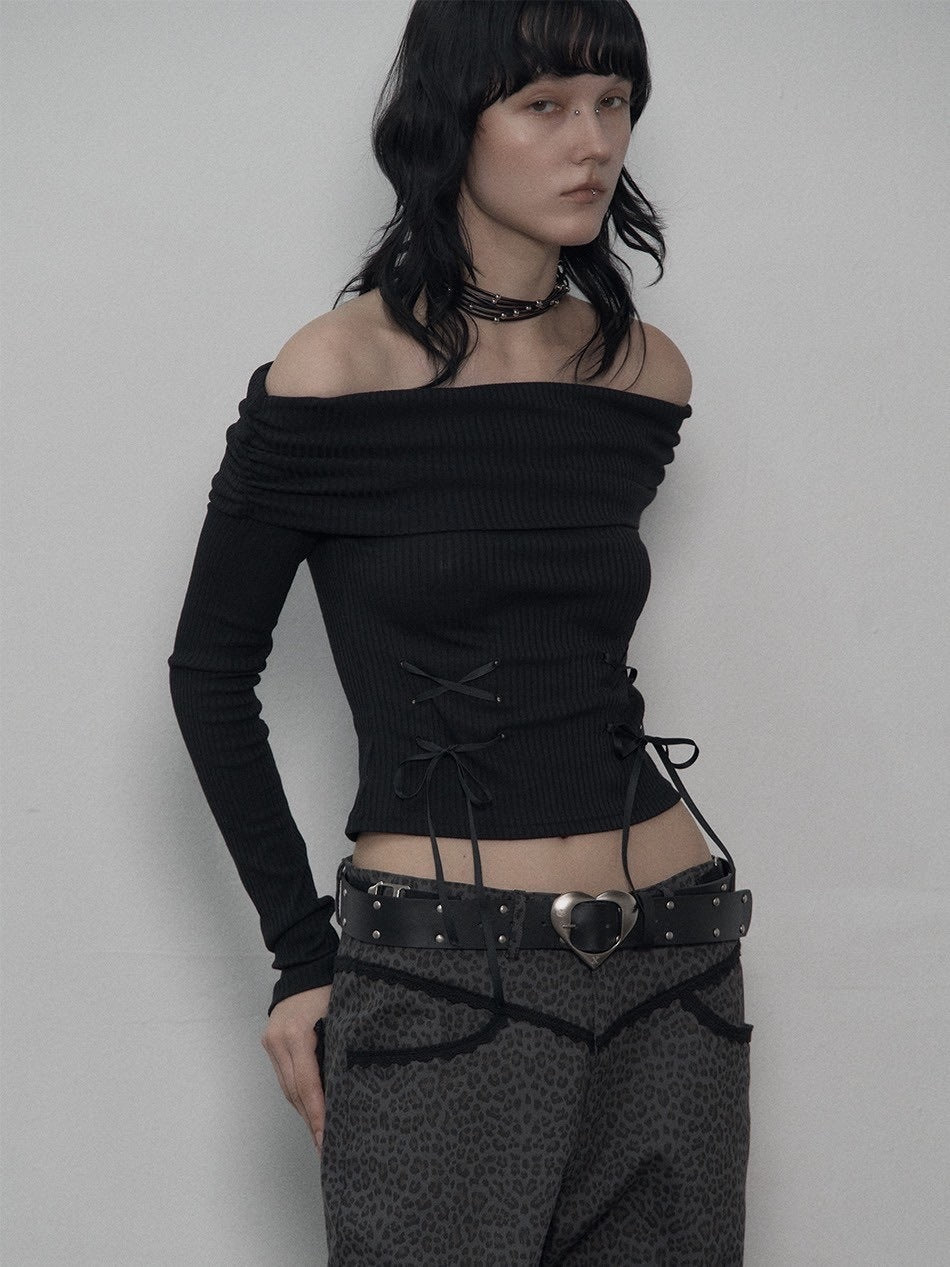 【SETUP-EXE】CORSET OFF-SHOULDER TOP / 【セットアップエグゼ】コルセットリボンオフショルダー長袖Tシャツ