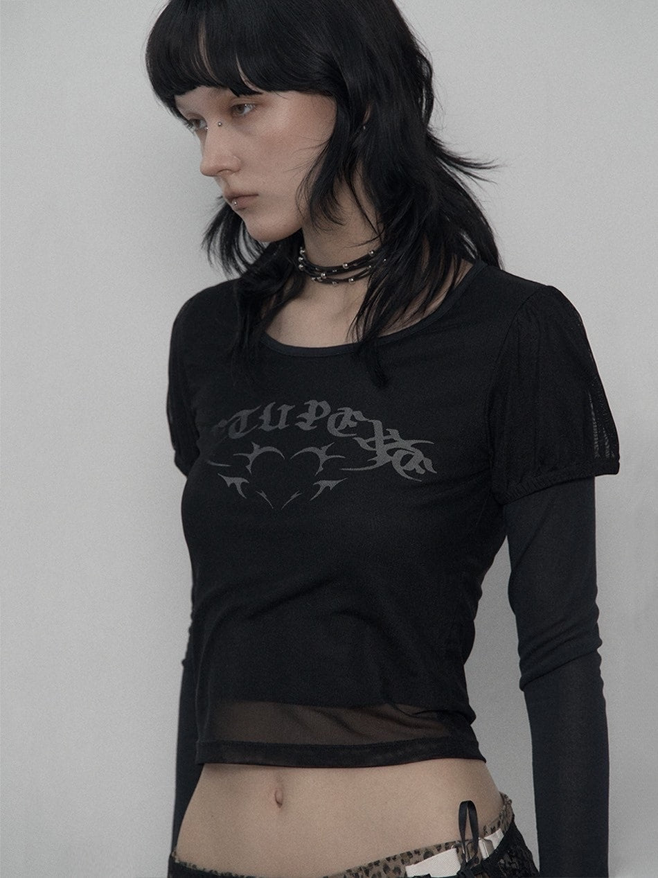 【SETUP-EXE】MESH LAYERED TOP / 【セットアップエグゼ】メッシュレイヤードロゴプリント長袖Tシャツ