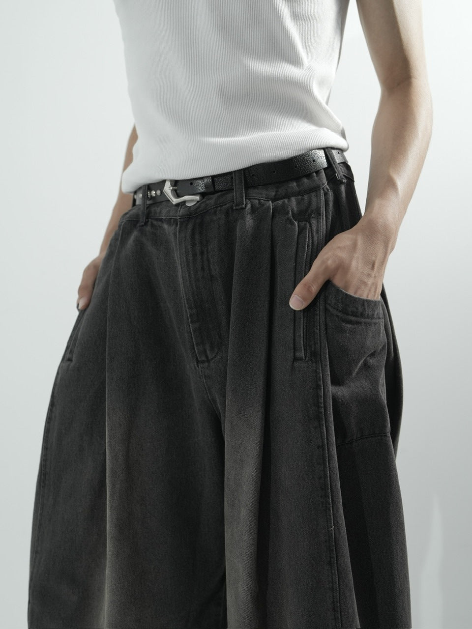 【CS】side tuck drape denim pants (dark brown)