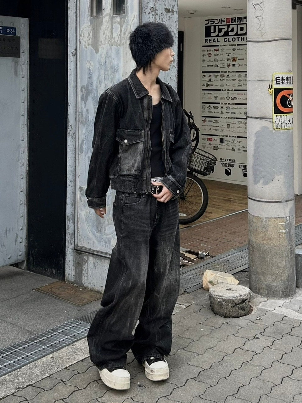 大阪店WEB限定受注制【Chikashitsu +】vintage wash wide denim pants (black)
