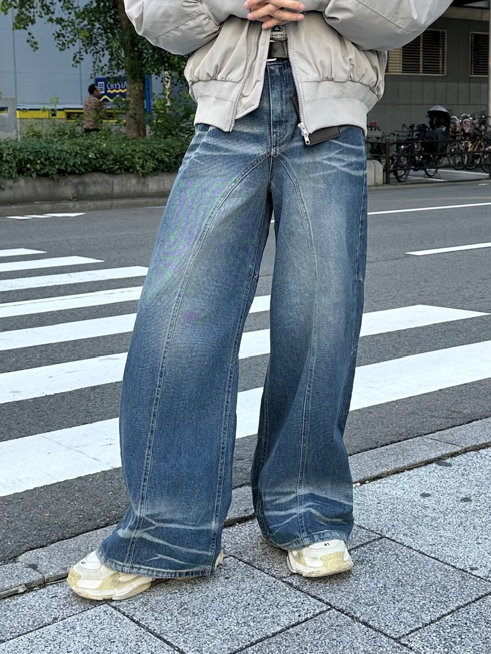 大阪店WEB限定受注制【Chikashitsu +】back snap wide flare denim pants (2color)