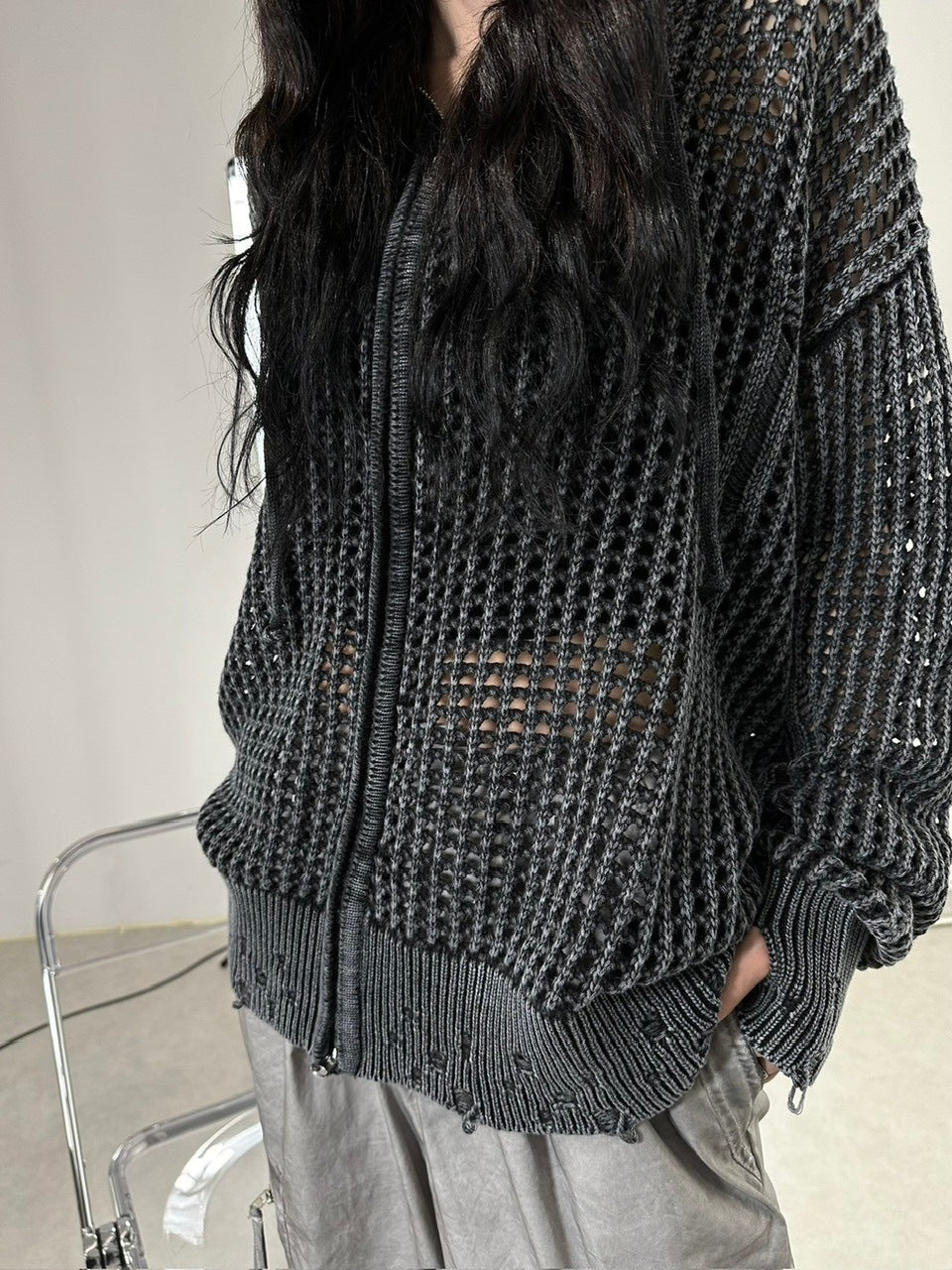 受注制【Never mind the XU】mesh zip damage hoodie (2color) / 【ネバーマインド ザ エックスユー】メッシュダメージジップアップ長袖パーカー