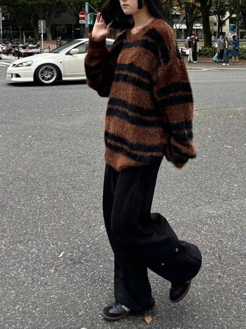 受注制【Chikashitsu +】hairy border knit (3color) / 【チカシツプラス】ヘイリーボーダーニット