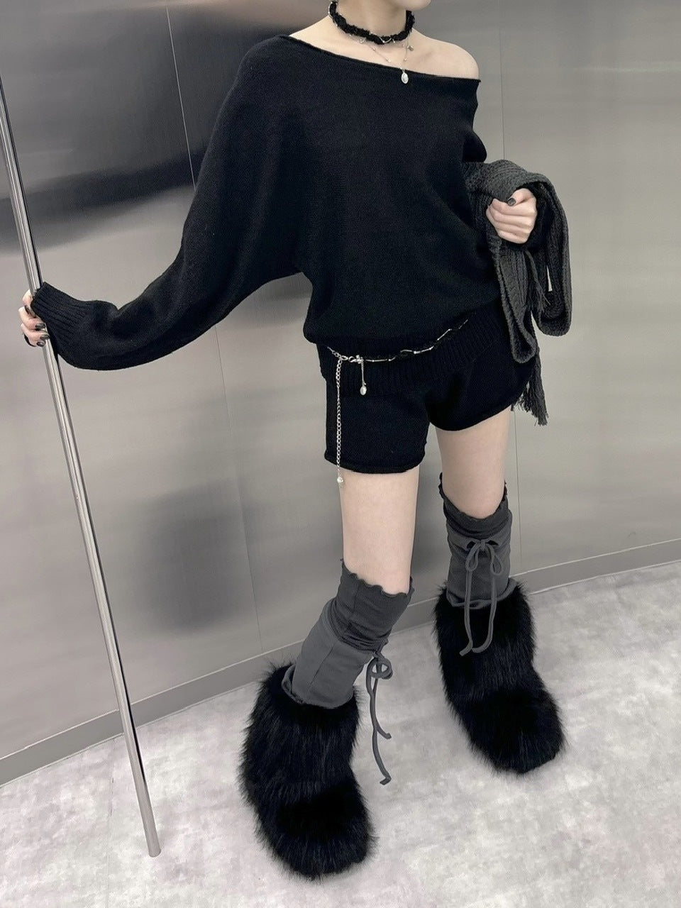 【nmtc +】one shoulder knit and shorts set (4color)