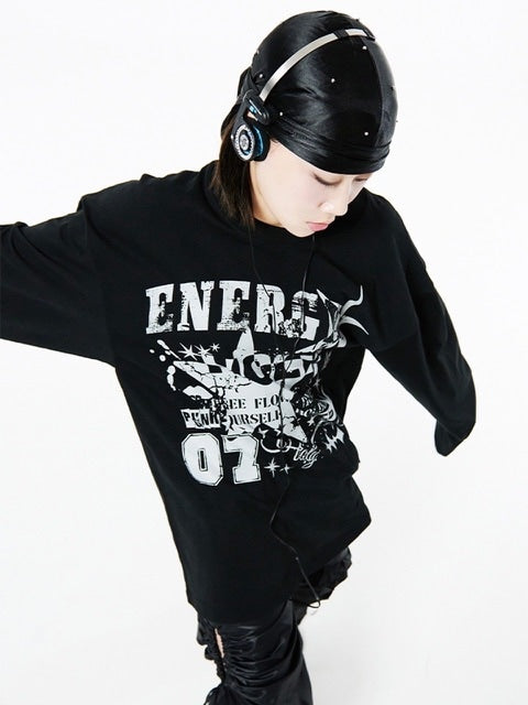 【HOLY NUMBER 7】Oversized Dynamic 07 Star Graphic Long Sleeve T-Shirt