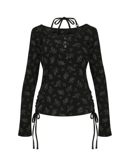 【NOT KNOWING】ROSE HALTER STRAP TOP / 【ノットノーイング】ローズホルターネックストラップ長袖トップス