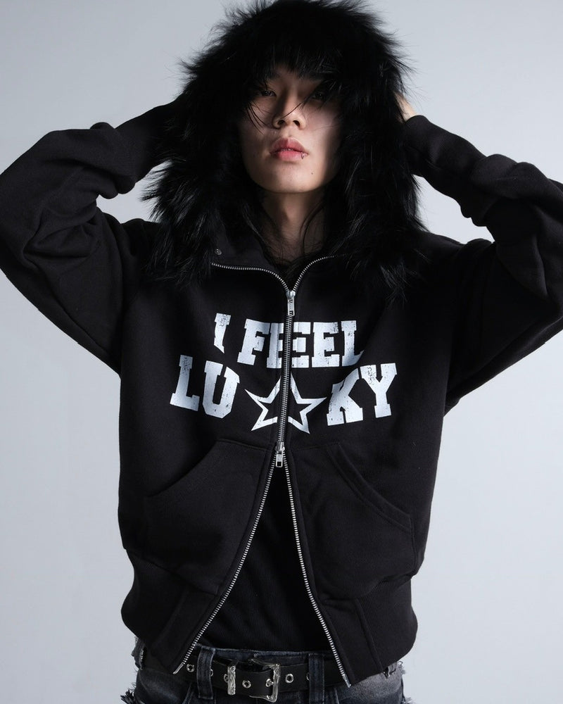 【IFEELLUCKY】Lucky fur hood zip up / 【アイフィールラッキー】ラッキーファーフードジップアップパーカー