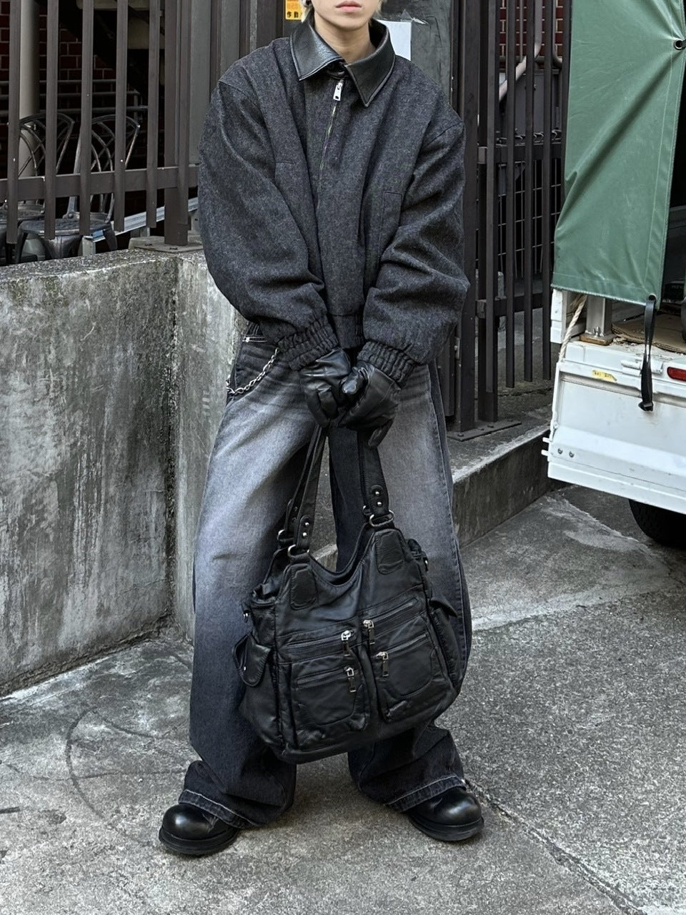 大阪店WEB限定【Chikashitsu +】cropped leather collar denim jacket