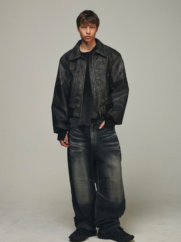 【BLR BLUER】EMBOSSED WAVE WASHING WIDE DENIM PANTS