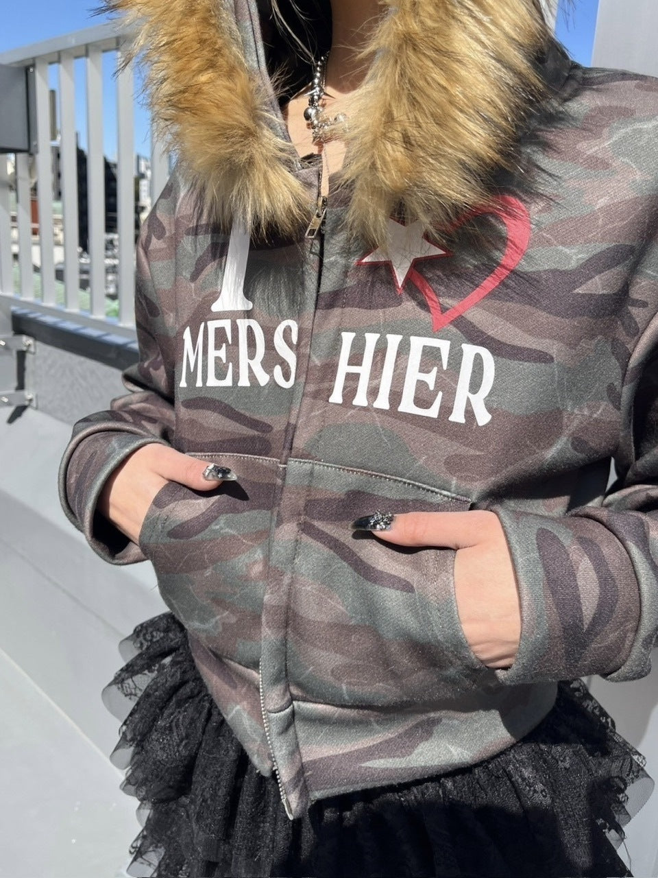 受注制【Never mind the XU】camouflage fur hood zipup /【ネバーマインドエックスユー】カモフラージュファーフードジップアップパーカー