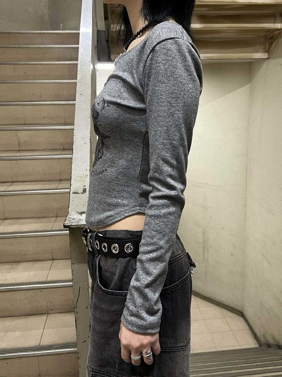 【Never mind the XU】v neck vintage print long sleeve tee (3color) / 【ネバーマインドザエックスユー】Vネックヴィンテージプリント長袖Tシャツ