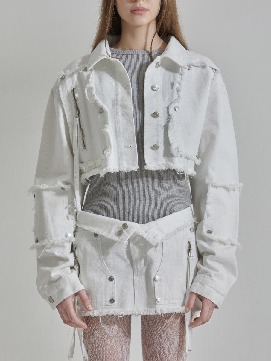 【GATELESS】RIVET FRINGE DENIM MINI SKIRT