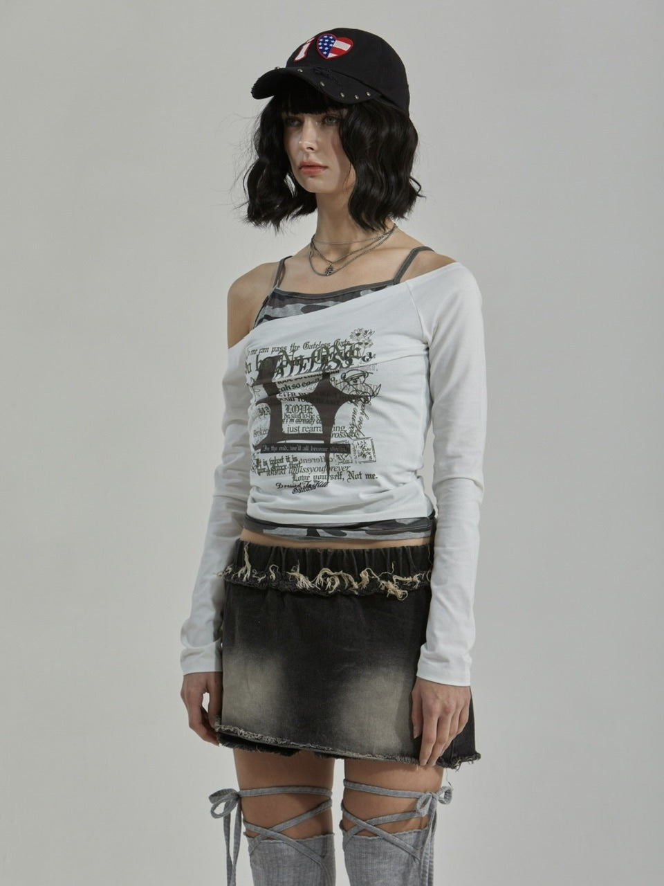 【GATELESS】CAMOUFLAGE LAYERED ONE SHOULDER T-SHIRT