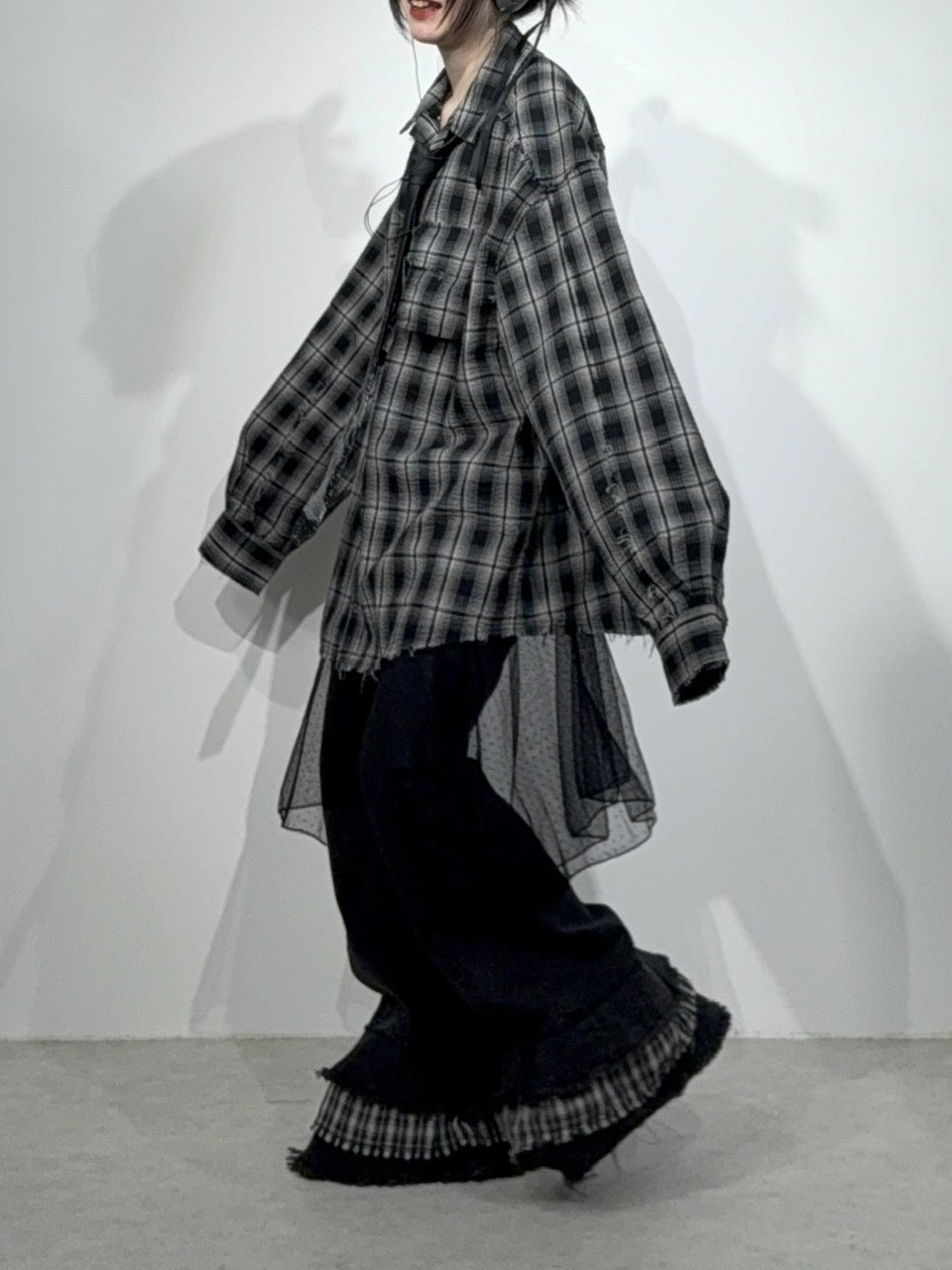 国際配送【Nerd out XU】check frill hem flare denim pants / 【ナードアウトエックスユー】チェックフリルヘムフレアデニムパンツ