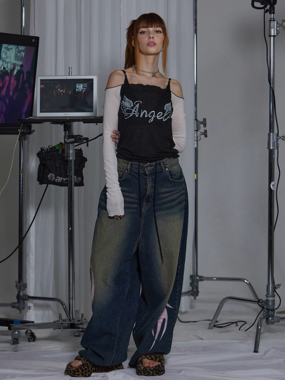 【GATELESS】SHEER OFF SHOULDER T-SHIRT