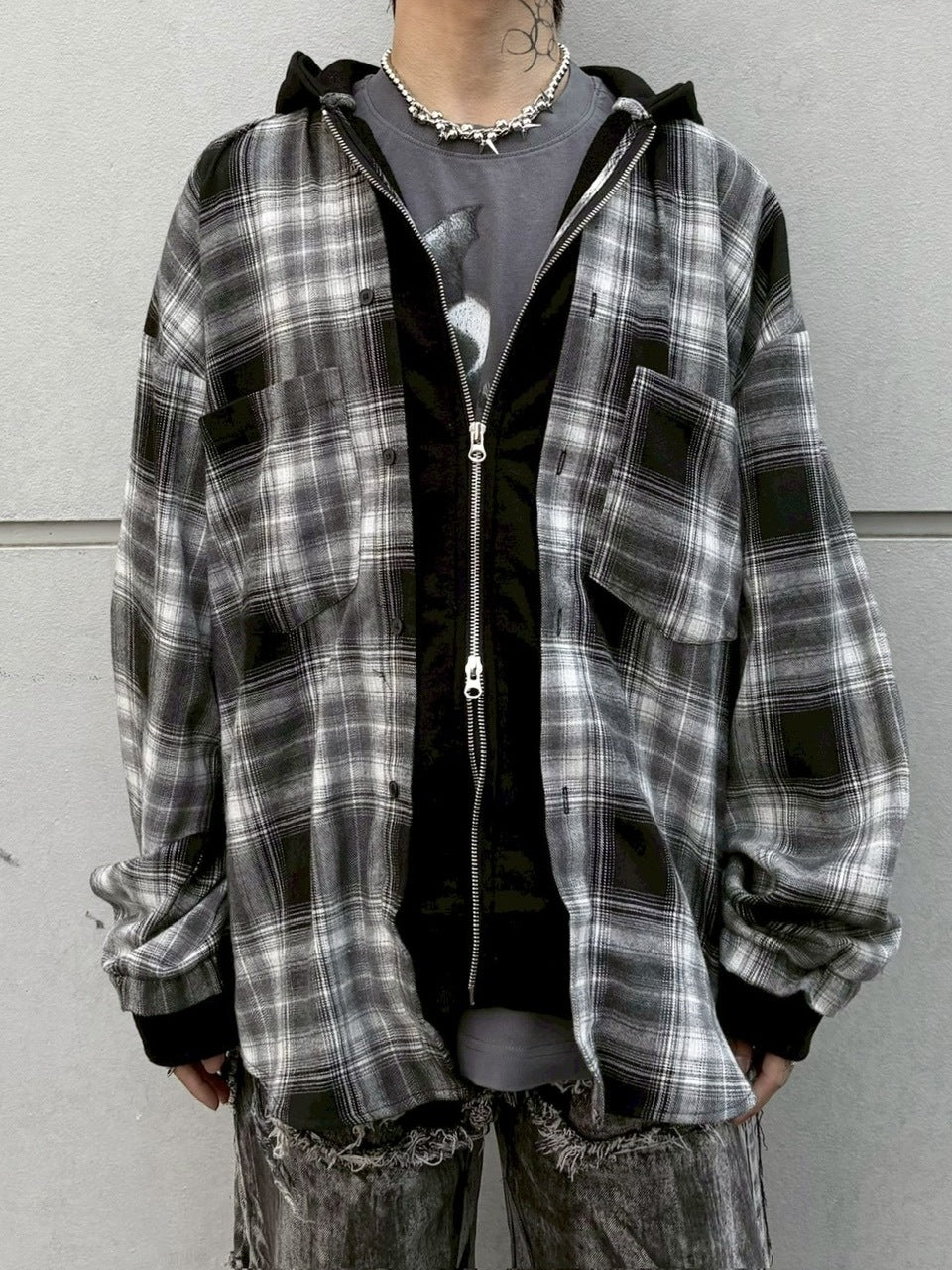 受注制【Never mind the XU】layered check shirts / 【ネバーマインドザエックスユー】レイヤードチェックフード長袖シャツパーカー