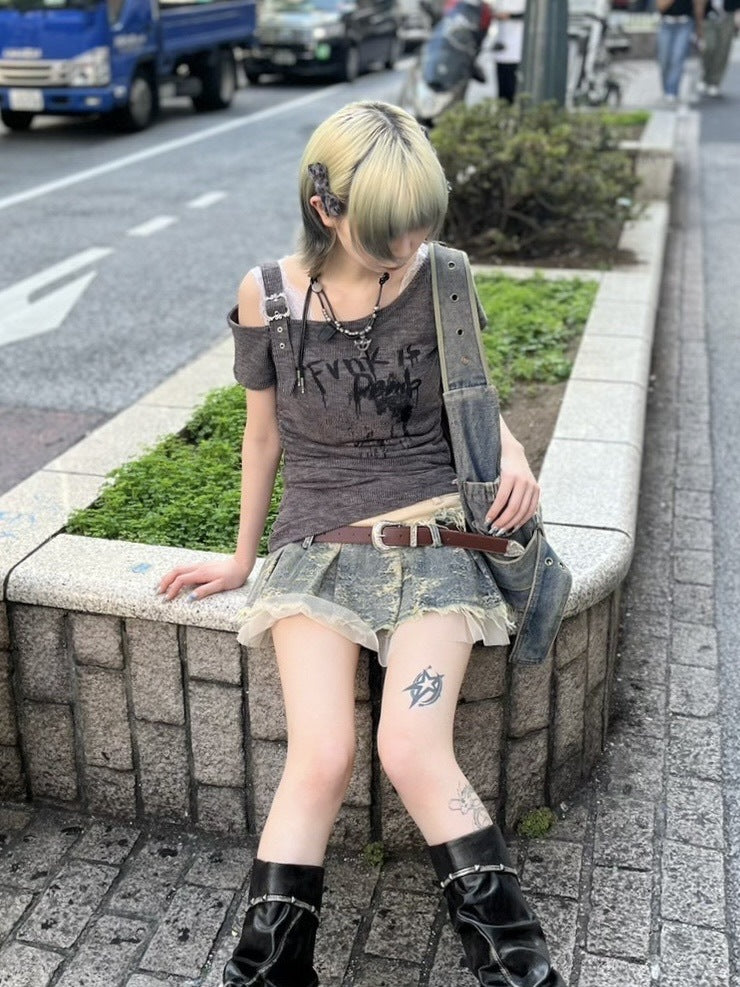 受注制【Never mind the XU】one shoulder punk tops (3color) / 【ネバーマインドザエックスユー】ワンショルダーパンクプリント半袖トップス