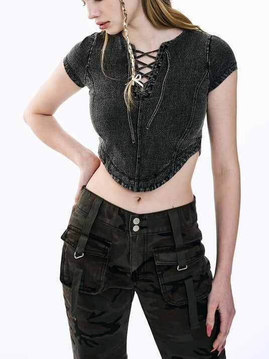 【ODDONEOUT】Washing denim Vneck top / 【オッドワンアウト】ウォッシングデニムVネック半袖Tトップス