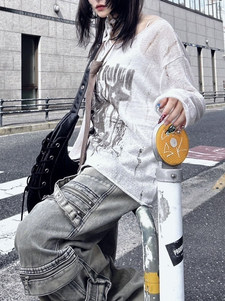 Never mind the XU】see-through damage knit (2color) / 【ネバー