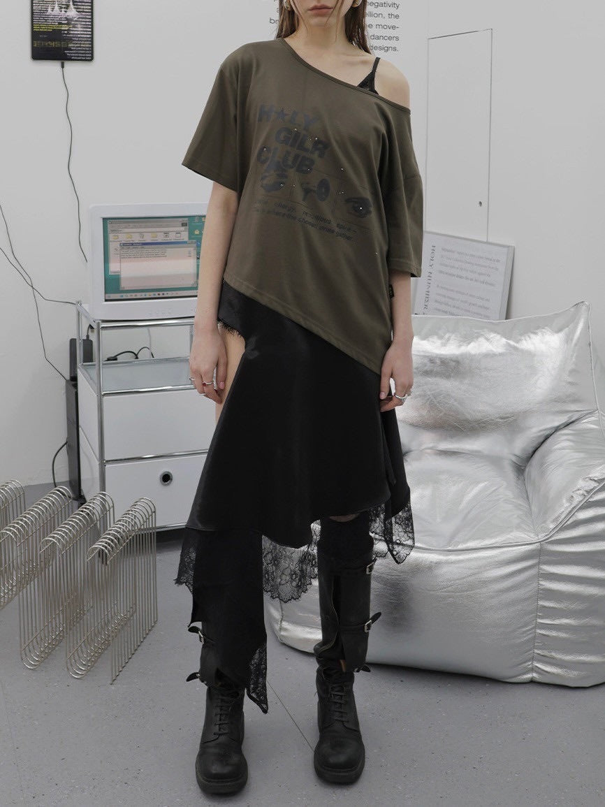 【HOLY NUMBER 7】OFF-SHOULDER HOLY GIRL CLUB GRAPHICS SHORT-SLEEVED T-SHIRT/ 【ホーリーナンバーセブン】オフショルダープリント半袖Tシャツ