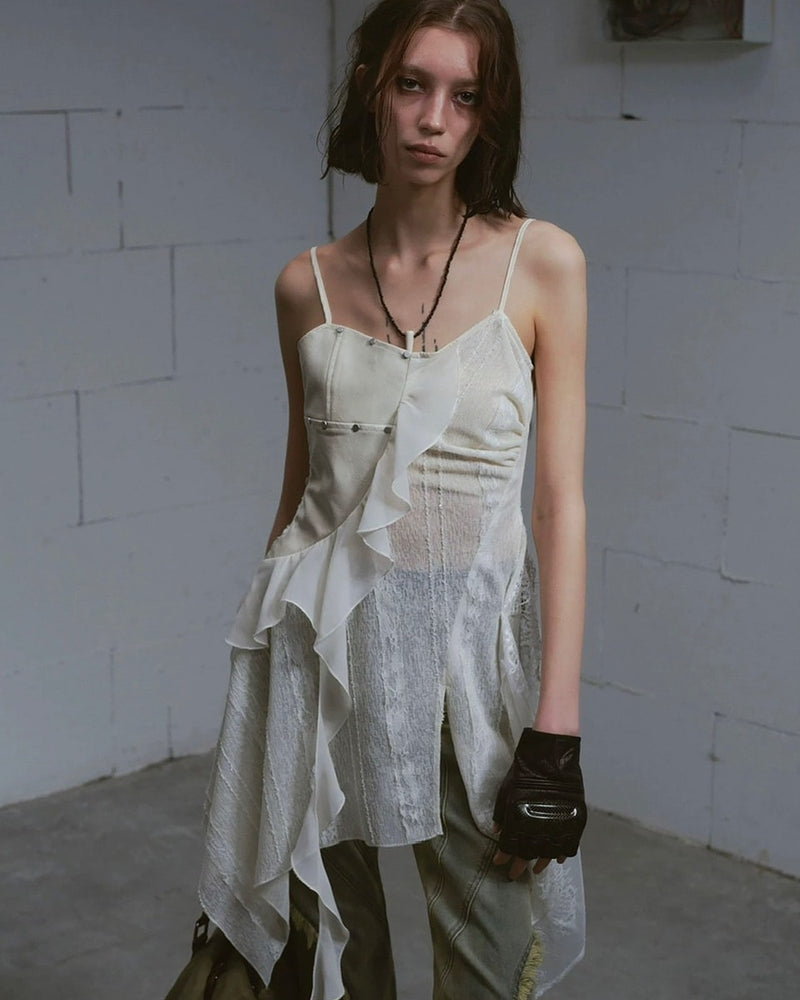 【Cest Nous】Leather lace camisole dress / 【セヌー】レザーレースシアーキャミワンピース