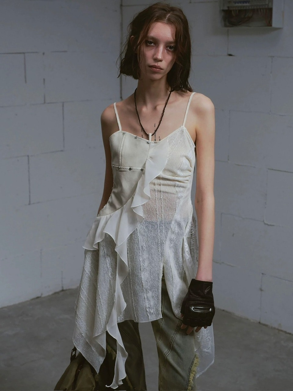 【Cest Nous】Leather lace camisole dress / 【セヌー】レザーレースシアーキャミワンピース