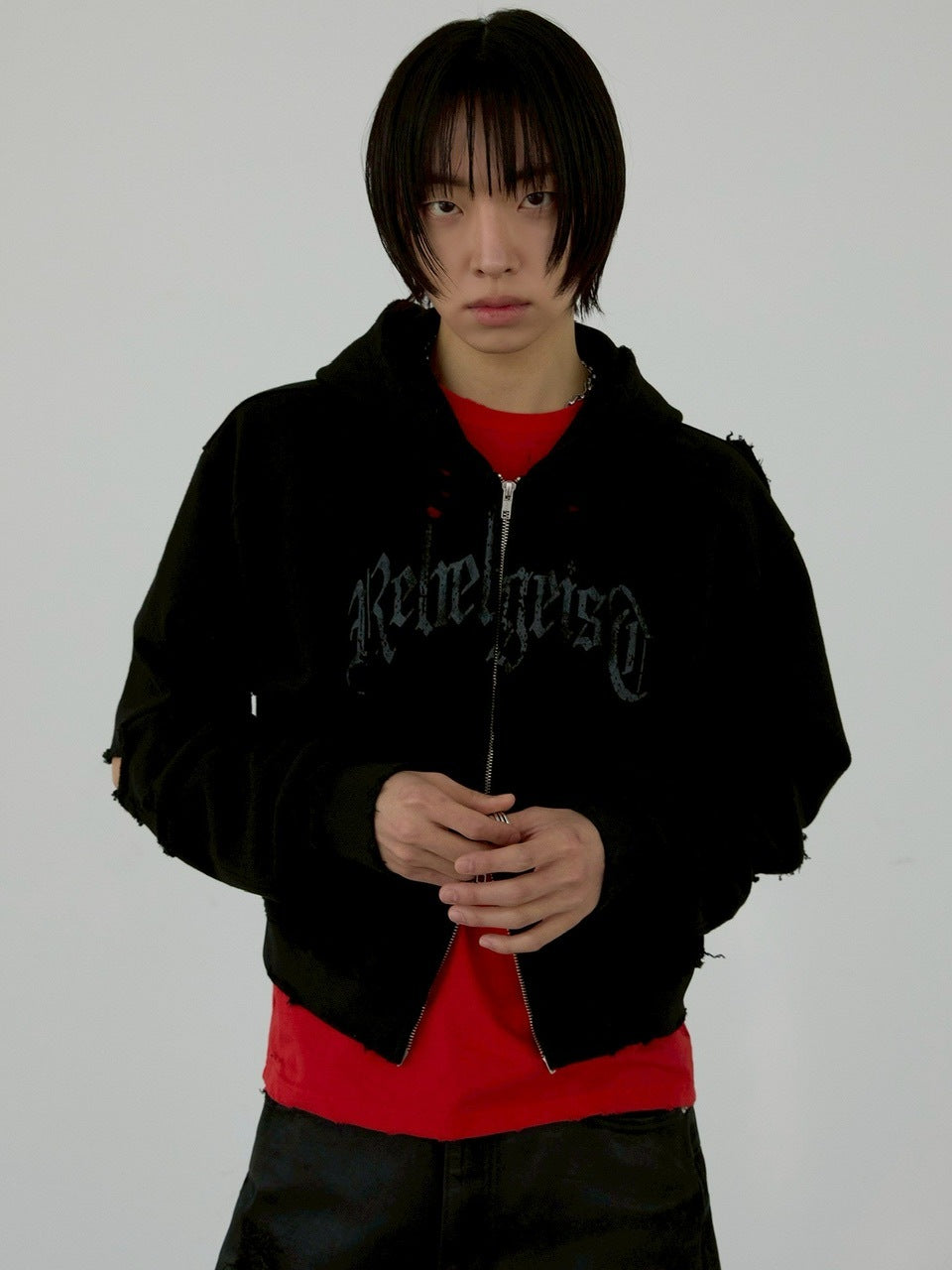 【ANOTHERYOUTH】damaged crop zip-up hoodie