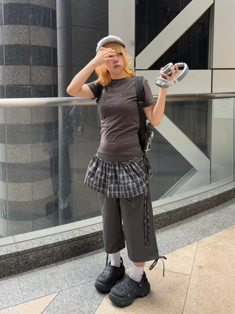国際配送【Nerd out XU】ribbon string shorts (2color) / 【ナードアウトエックスユー】リボンストリングワイドハーフパンツ