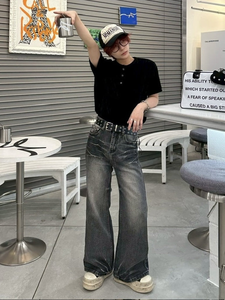 【LUV CODE】washed denim flare pants