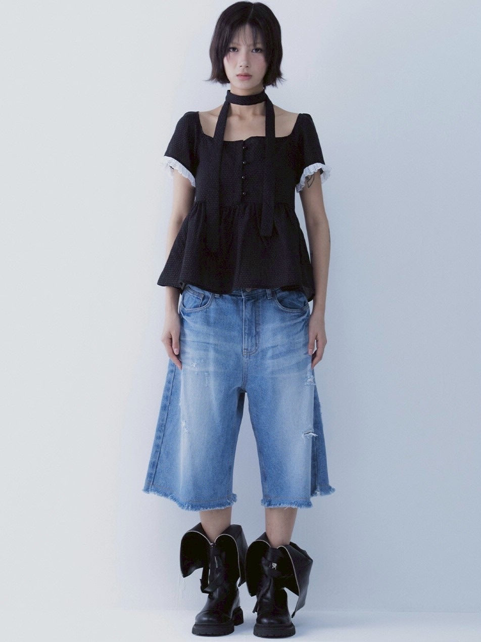 【SETSETSET】DOT MUFFLER FLARED BLOUSE
