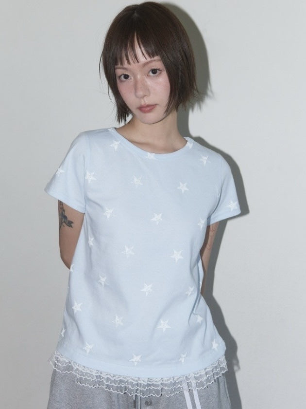 【FANCY CLUB】Lace Star Layered Tee / 【ファンシークラブ】レーススターレイヤード半袖Tシャツ